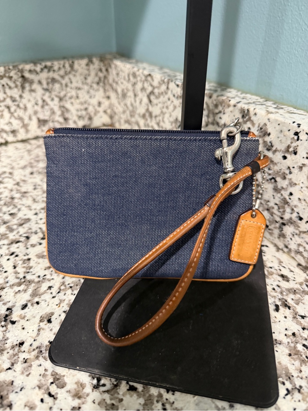Coach Navy Denim Wristlet with Brown Leather Trim